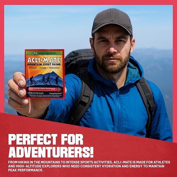 Acli-Mate Mountain Sport Drink Mix - High Altitude Acclimatization Electrolyte Powder Packets - Energy Drink Mix - Recovery Hydration Packets for Running Hiking Cycling &amp More (30CT CranRaspebe
