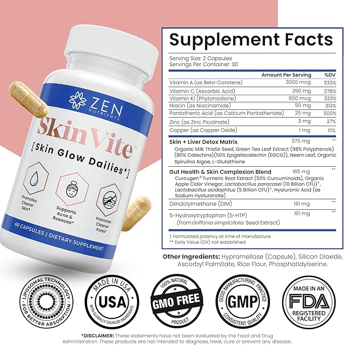 Zen Nutrients SkinVite Natural Skin Supplement for Women Men &amp Teens - Hormonal Breakouts &amp Clear Skin Support Supplement - Detoxifying Vitamin for Acne and Digestion Support
