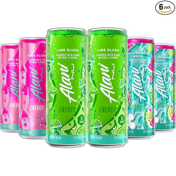 New Alani Energy Drinks Lime Slush Watermelon Wave Pink Slush Flavors Variety Pack Sugar-Free Low-Calorie Energy Boost Drink 12 fl oz (Pack of 6) (Packaging May Vary)