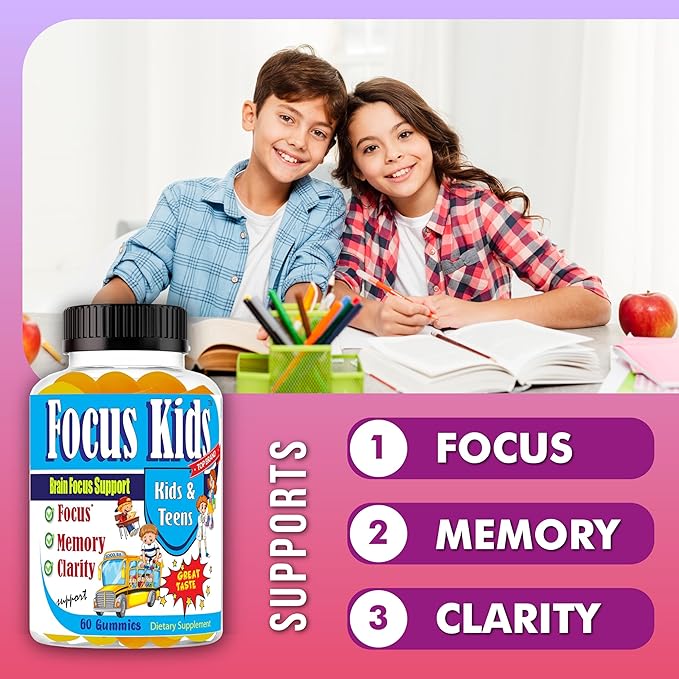 Focus Kids Gummies for Kids and Teens Attention Memory &amp Concentration Focus Supplement for School &amp Study Brain Vitamins for Children DHA &amp Omega 3-6-9 – 60ct