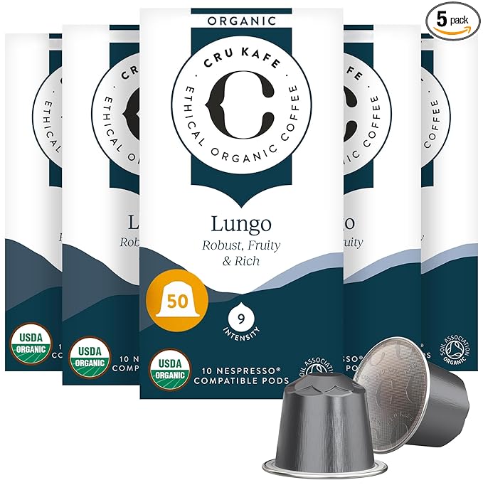 Cru Kafe Lungo Americano Strong USDA Organic Espresso Coffee Capsules (50 Pods) Fairtrade Coffee Pods Compatible with Nespresso Original Line and Pixie Machines