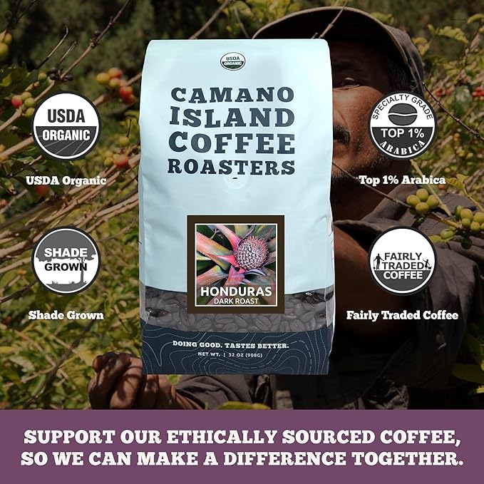Camano Island Coffee Roasters Roasters Honduras Dark Roast Whole Bean 2lb Fresh Small Batch Roasted USDA Organic Fairly Traded Shade Grown Top 1% Arabica - Molasses Brown Sugar Cinnamon Flavor
