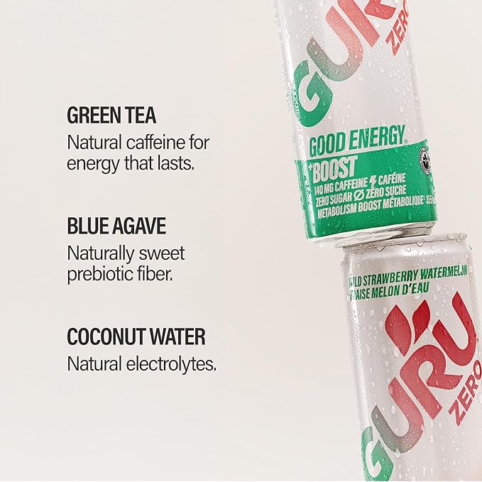 GURU ZERO SUGAR Wild Strawberry Watermelon Organic Energy Drinks Clean Energy Drink with Plant Based Natural Caffeine from Green Tea Coconut Water Prebiotic Zero Added sugars Gluten Free and Vega