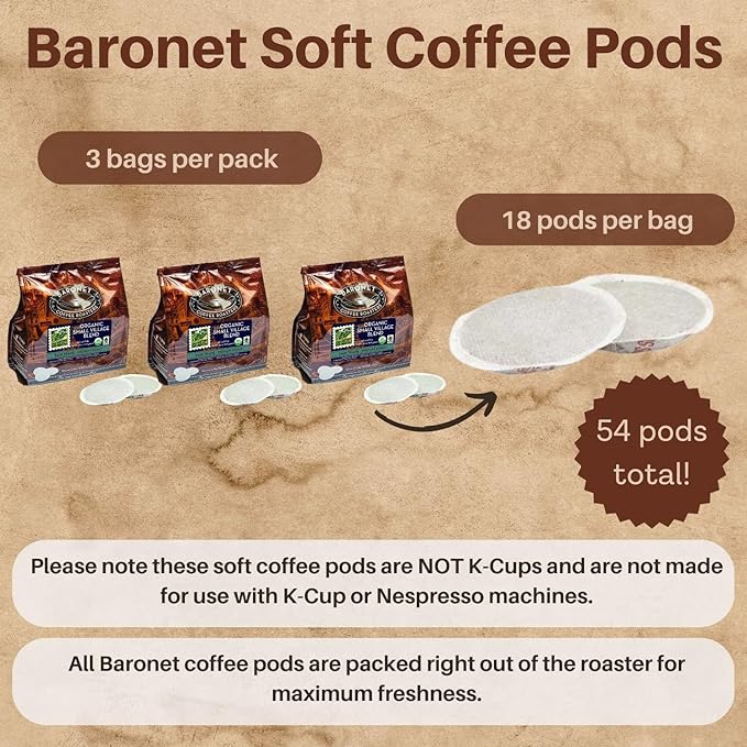 Baronet Coffee Pods [Organic Small Village-54 Pods] Single Cup Use Like Senseo - 3 Bags of 18 Single Serve 8 Gram Regular Strength Medium Roast [Organic Small Vill]