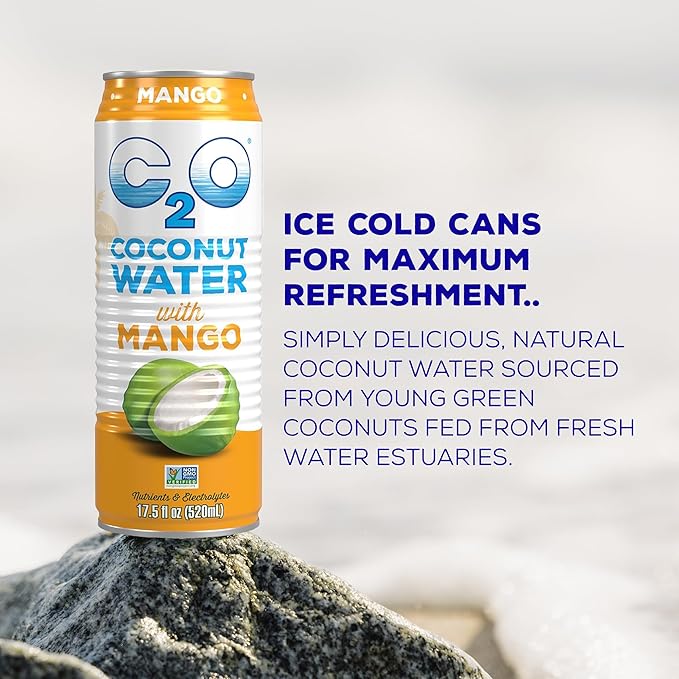 C2O - Coconut Water with Mango (12 Pack) - Made with Fresh Coconut Water - Plant Based - Non GMO - Canned Water - Natural Hydration Essential Electrolytes &amp Potassium - 12 Cans 17.5 FL OZ