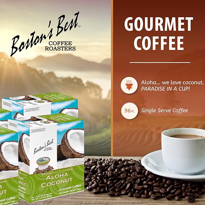 Boston’s Best - Aloha Coconut Flavored Delicious Gourmet Coffee Compatible with Keurig Coffee Maker 24 Count (Pack of 4)