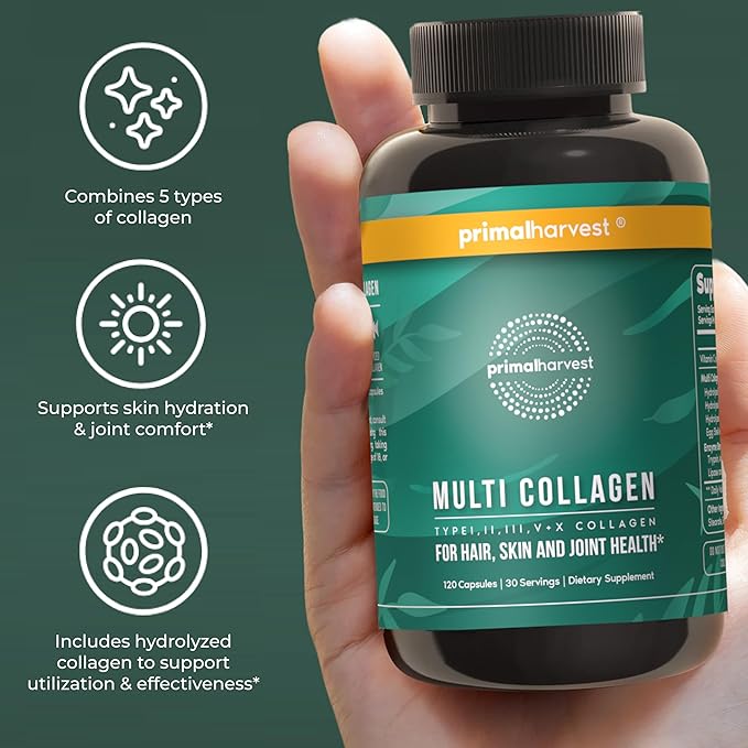 Primal Harvest Multi Collagen Pills for Women and Men (Type I II III V X) 120 Capsules w/Vitamin C for Hair Skin Nails