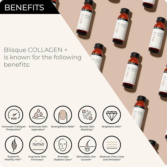 Blisque - Liquid Collagen Tri-Peptide Complex | with Biotin and Hyaluronic Acid | for Hair Skin and Nails | 30 Bottles | 30-Day Supply