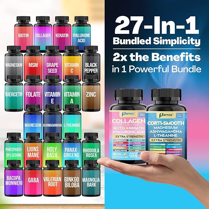 Shining Serenity Set Cortisol Support with Ashwagandha L-Theanine Magnesium Lions Mane GABA Bacopa Monnieri Collagen I II III V X Folate Biotin Keratin Hyaluronic Acid Quercetin