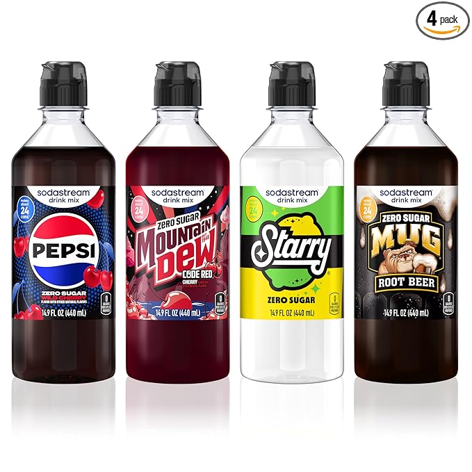 SodaStream Pepsi Wild Cherry Zero MTN Dew Code Red Zero Starry Zero &amp Mug Root Zero New Pour Bottle Variety Pack 440ml (Pack of 4)