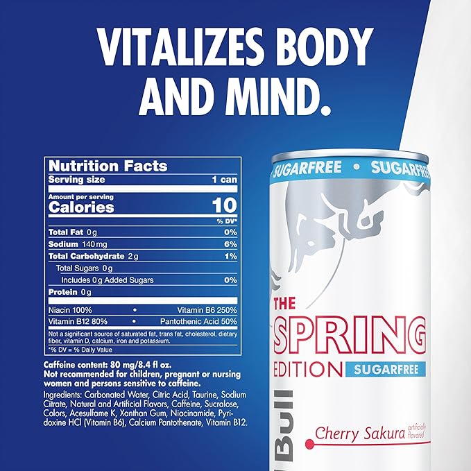Red Bull Spring Edition Sugarfree Energy Drink Cherry Sakura 80mg Caffeine Taurine &amp B Vitamins 8.4 fl. oz. Pack of 24 Cans