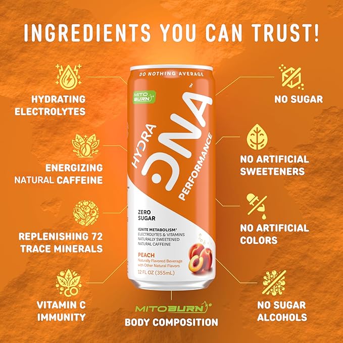 HYDRADNA- Clean Performance Drink Zero Sugar | For Natural Fuel Alertness Boost Stamina120 mg Organic Caffeine Natural Flavors Zero Sucralose Clean Ingredients (12 Pack) (12 Pack Peach)
