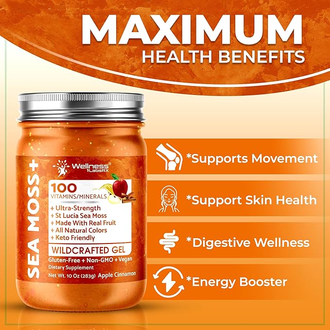 Irish Sea Moss Gel Raw - Wildcrafted Superfood Seamoss Gel - Apple Cinnamon Flavor Vitamin and Mineral-Rich from Pristine Caribbean Waters Immune and Digestive Health Support - 10 oz