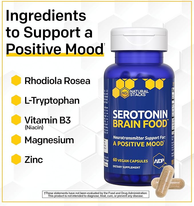 Serotonin Brain Food - 1250mg L-Tryptophan &amp 400mg Rhodiola Rosea Supplement - Mood Support Supplement for Stress Relief - Neurotransmitter Support with Magnesium Glycinate &amp Zinc - 60 Capsule