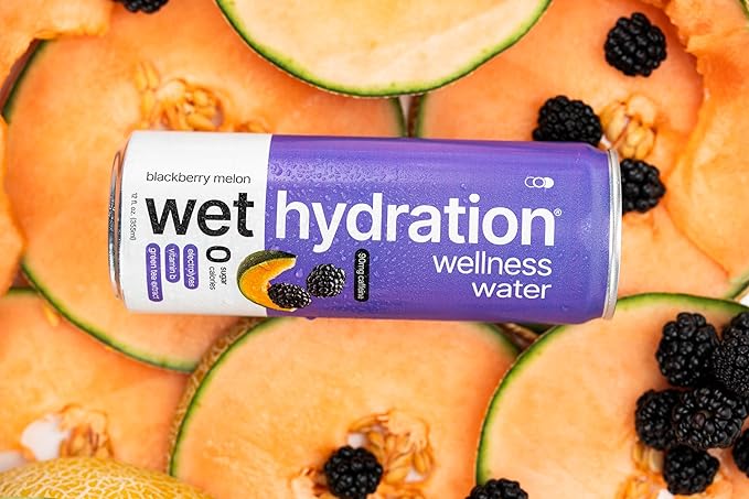 Wet Hydration | Functional Wellness Water Non-Carbonated - Blackberry Melon (12 Ounce Cans Pack of 12) - Flavored Water Hydration Drink No Sugar No Artificial Ingredients Zero Calories (Packagin