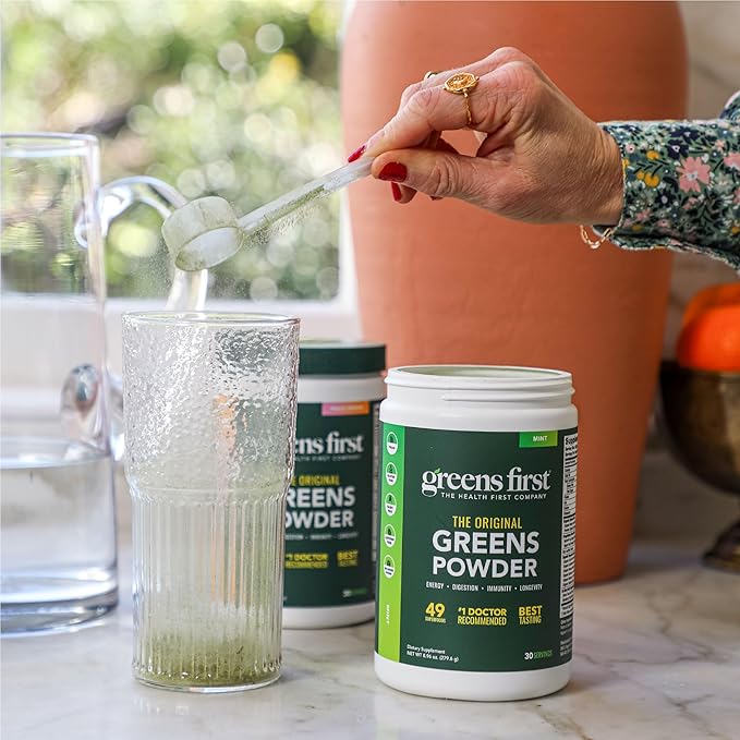 Greens First Original Greens Powder - 49 Superfoods - Organic Fruits &amp Veggies - Prebiotics Probiotics &amp Digestive Enzymes - Antioxidant Smoothie - Dairy Free Vegan &amp Non-GMO (Berry 60