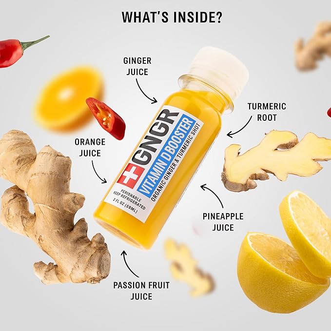 +GNGR Vitamin D Shot – Organic Cold-Pressed Ginger shot with Turmeric Pineapple Passion Fruit Juice. Wellness shot with Vegan Vitamin D3 for Joint Bone and Immune Support. 2 fl oz (Pack of 12)