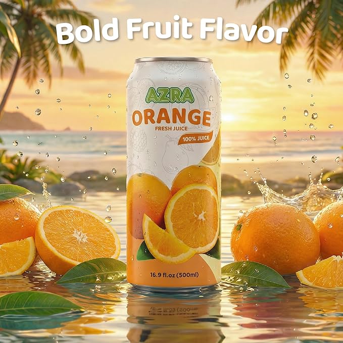 AZRA 100% Orange Juice 500ml Cans (Pack of 12) - Pure Fruit Juice Beverages - Healthy Juice with No Added Sugar Fresh Orange Juice Taste Vitamin C Rich Healthy Drinks 12 Count