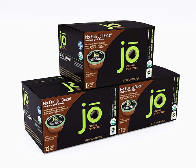 No Fun Jo Decaf: 72 Organic Compostable Pods for Keurig K-Cup Compatible Brewers Swiss Water Process Eco-Friendly Single Serve Coffee Medium/Dark Roast Fair Trade Chemical Free Jo Coffee®