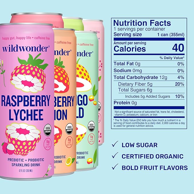 wildwonder Sparkling Probiotic Juice Drink 18pk w/Gut Health &amp Immunity Support 5g Prebiotic Fiber Live Probiotics Organic Vegan Low Sugar Sampler Pack 6 Flavors Seen on Shark Tank
