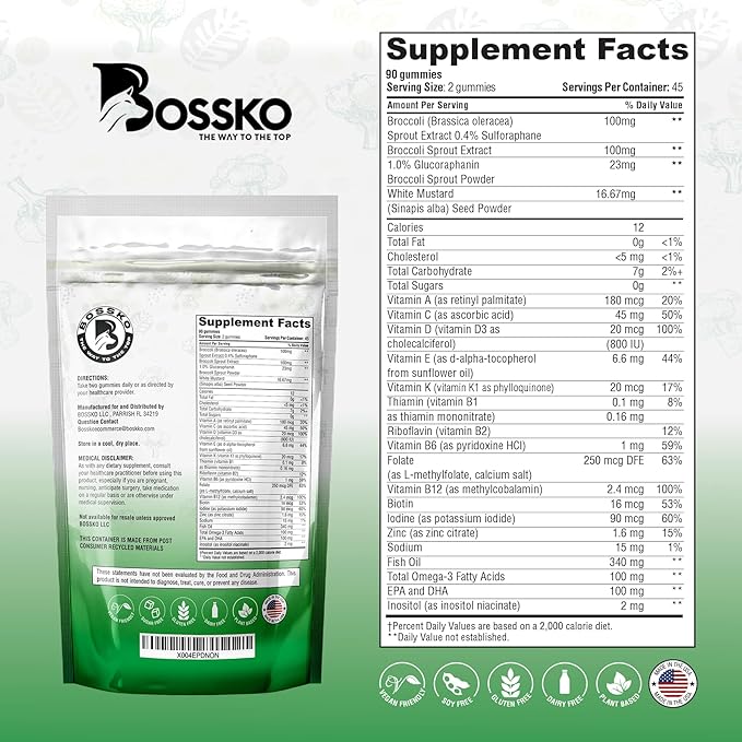 Bossko Sulforaphane Gummies with Omega-3 – Broccoli Sprout Extract EPA/DHA &amp Antioxidants – Cellular Health &amp Mood Support – 90 Vegan Gummies – Mixed Berry Flavors – Sugar-Free