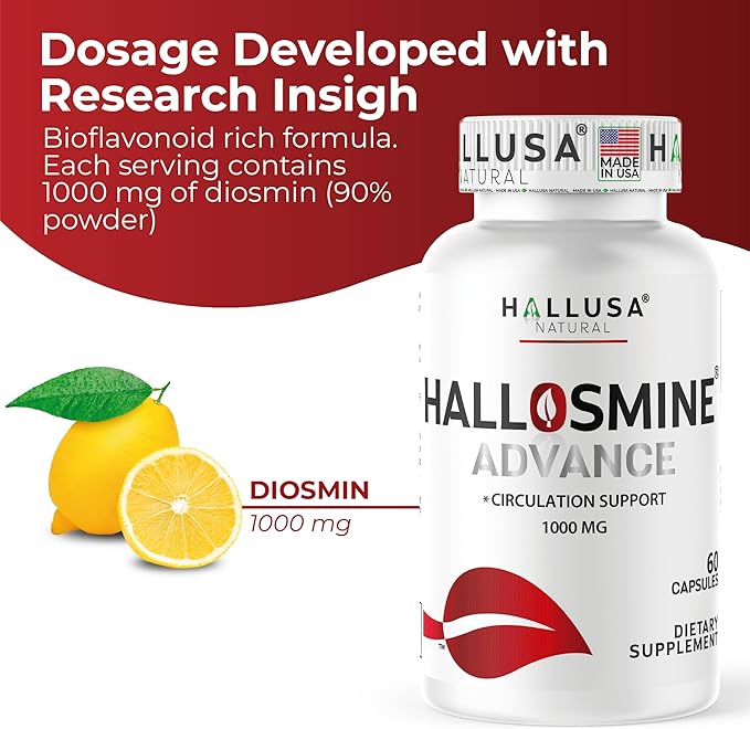 Hallosmine Advance 1000mg Diosmin Capsules – Max Strength Circulation &amp Vein Support Supplement Vascular Health Visible Veins Spider Veins Blood Flow Swelling &amp Heavy Legs 60 Count