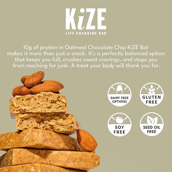 KiZE Energy Bars - Almond Butter - Almond-Butter-Based Gluten Free Non-GMO and High Protein Meal Replacement Energy Bars Clean and Simple Food Ingredients - 10g High Protein Snacks (10 Count)