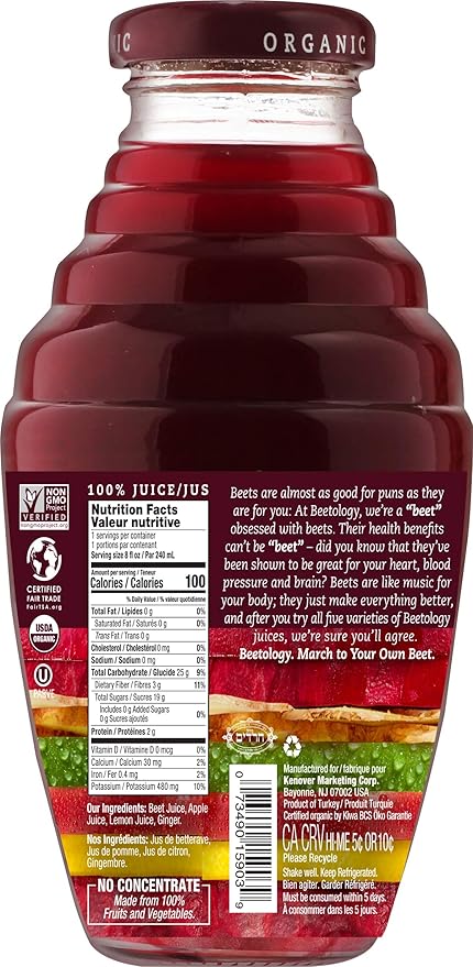 Beetology Organic Beet Lemon and Ginger Juice 8.45oz (6 Pack) | 100% Cold Pressed | Heart Healthy | Nutrient Packed Vegetable Juice | Vibrant Flavor