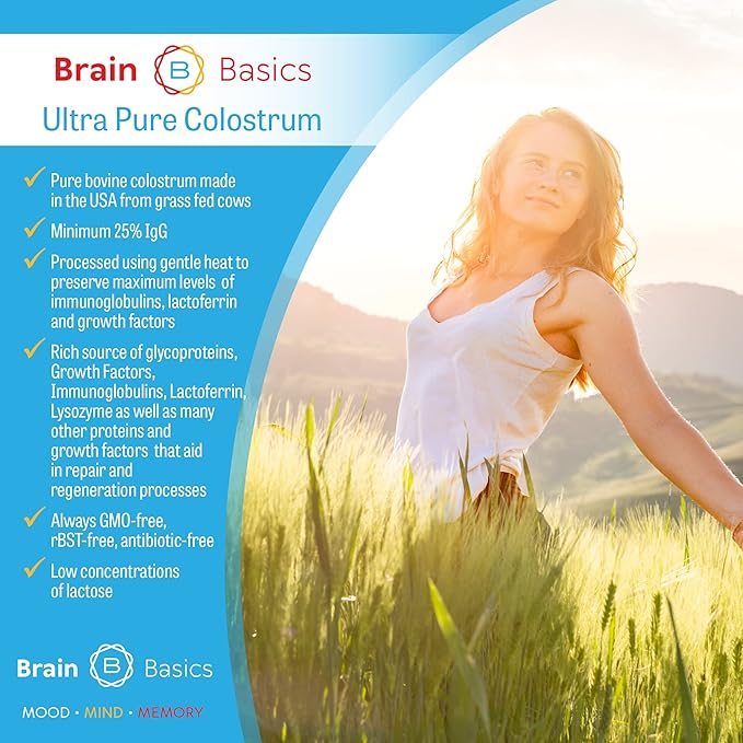 Brain Basics Ultra-Pure Colostrum 4000mg per Serving Min 25% IgG antibodies Gut-Brain-Immune Health Glowing Hair and Skin. Colostrum Powder from Grass-Fed Cows. 120 Grams - 30 Servings