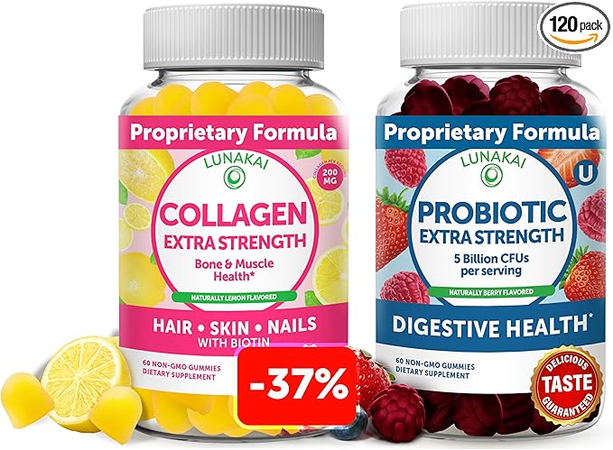Lunakai Collagen and Probiotic Gummies Bundle - Non-GMO Gluten Free - Anti Aging Hair Growth Skin Care &amp Strong Nails and Digestive Health - 30 Days Supply