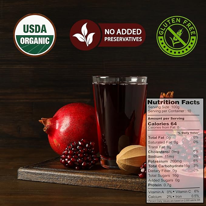 100% Organic Pomegranate Juice 6.7 Oz Glass Bottle (24 Pack) No Sugar No Artificial Colors No Preservatives No Flavors Added Gluten Free and Kosher
