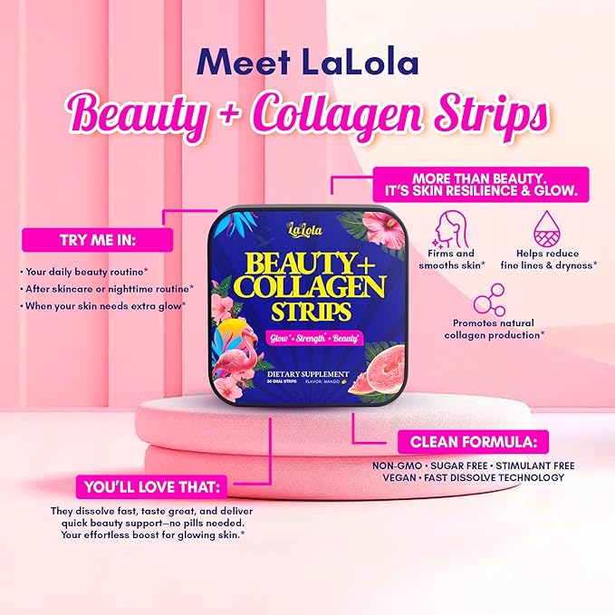 LALOLA Beauty + Collagen Strips – Mango Flavor | Collagen Peptides &amp Vitamin E for Radiant Skin Hair &amp Nails (30 Strips)