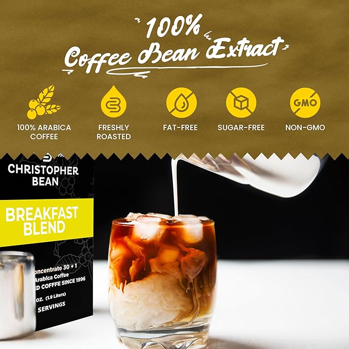 Christopher Bean Coffee - 396 servings 30 to 1 Blend Bag in Box Liquid Instant Coffee or Cold Brew Coffee Concentrate - Hot or Iced Coffee - Breakfast Blend
