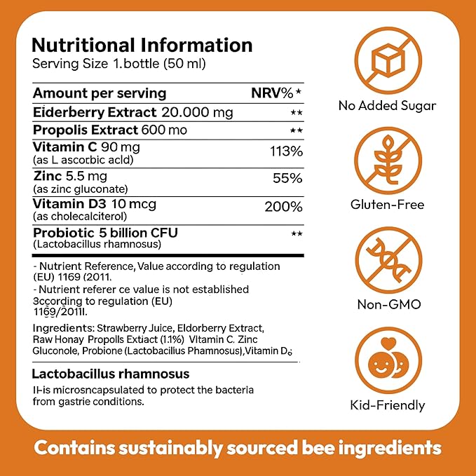 Bee and You Kids Propolis Immune Day Time Shot - Probiotic Vitamin C Vitamin D3 Zinc Immune Support Gut Health Digestive Health 1.69 Fl. oz 12 Pack