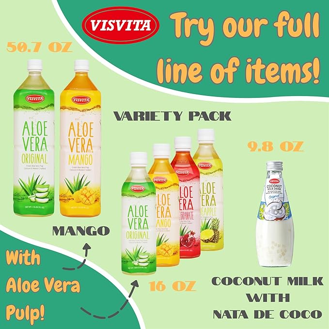 VISVITA Aloe Vera Juice with Real Pulp Original | Digestive Health Hydration &amp Energy Boost | No Artificial Colors 50.7 oz (Pack of 12)