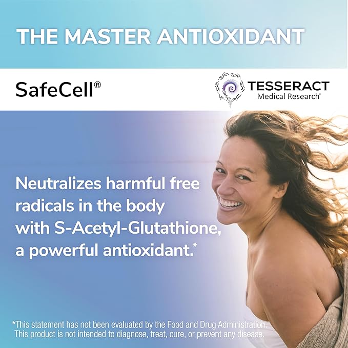 Tesseract SafeCell S-Acetyl Glutathione Supplement 300mg Healthy Aging Cellular Support Powerful Antioxidant Hypoallergenic Vegan Patented Delivery Bioavailability 60 Vegetarian Capsules