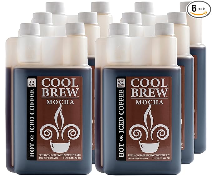 CoolBrew Mocha 6 Pack - 32 DRINKS PER BOTTLE - Fresh Cold Brew Liquid Concentrate - For Iced or Hot Coffee Unsweetened No Preservatives