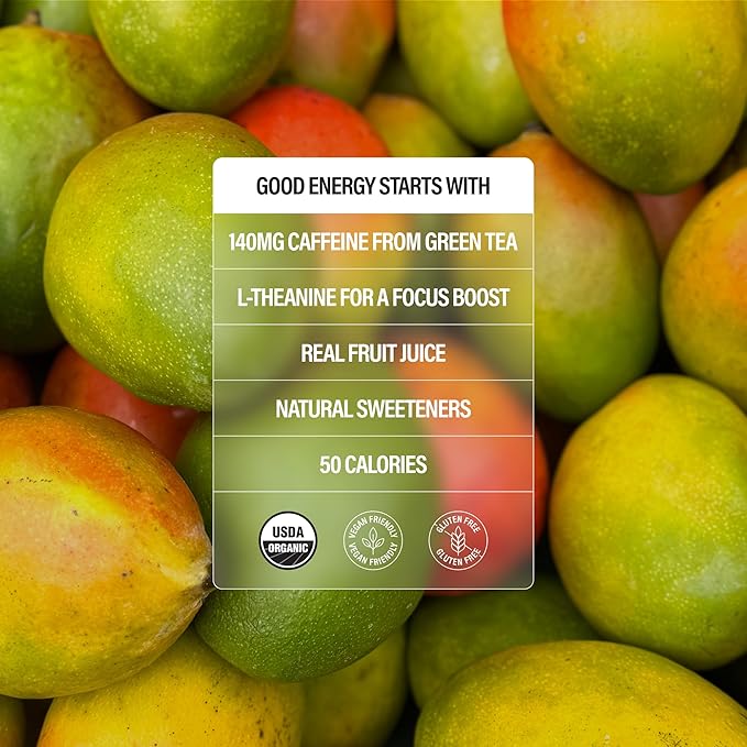 GURU Peach Mango Punch Organic Energy Drinks Clean Energy Drink with Plant Based Natural Caffeine from Green Tea + Focus with L Theanine Gluten Free and Vegan 140MG Caffeine 12oz (Pack of 24)
