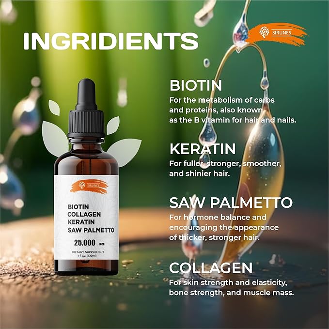 SIRUNES Liquid Biotin and Collagen Hair Skin Nails Supplement with 10000mcg Collagen 5000mcg Biotin Keratin Saw Palmetto 4 fl oz Made in USA