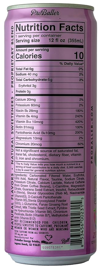 ProBaller Clean Energy Drink - Athlete-Grade Energy for Focus &amp Performance Zero Sugar NSF Certified for Sport Natural Caffeine Biotin Electrolytes Amino Acids &amp B Vitamins - Wild Berry