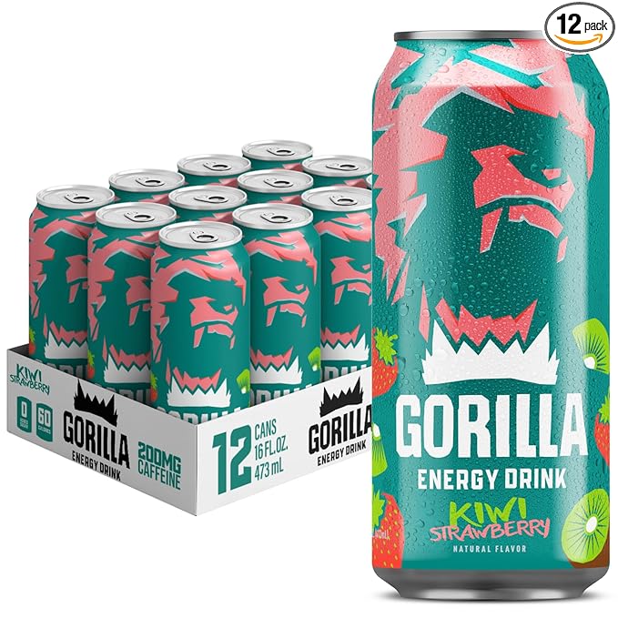 Gorilla Energy Drink Kiwi Strawberry 200mg Natural Caffeine Real Fruit Juice Squeezed &amp Concentrated L-Theanine Taurine Ginseng Acetyl L-Carnitine No Added Sugar and No Artificial Colors