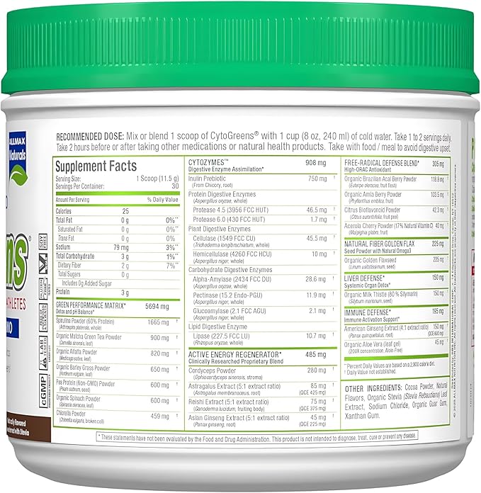 ALLMAX Naturals CytoGreens Super Greens Powder Premium Green Superfood with Greens Superfoods Prebiotic &amp Enzymes Daily Greens Supplement Chocolate 30 Servings