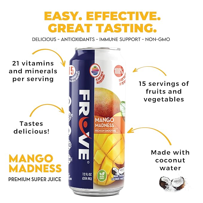 Fruve a healthy super juice drink with real fruit | Gut Health &amp Immunity Benefits | non-GMO | low calorie | Mango Madness | 12 fl oz (12 Pack)
