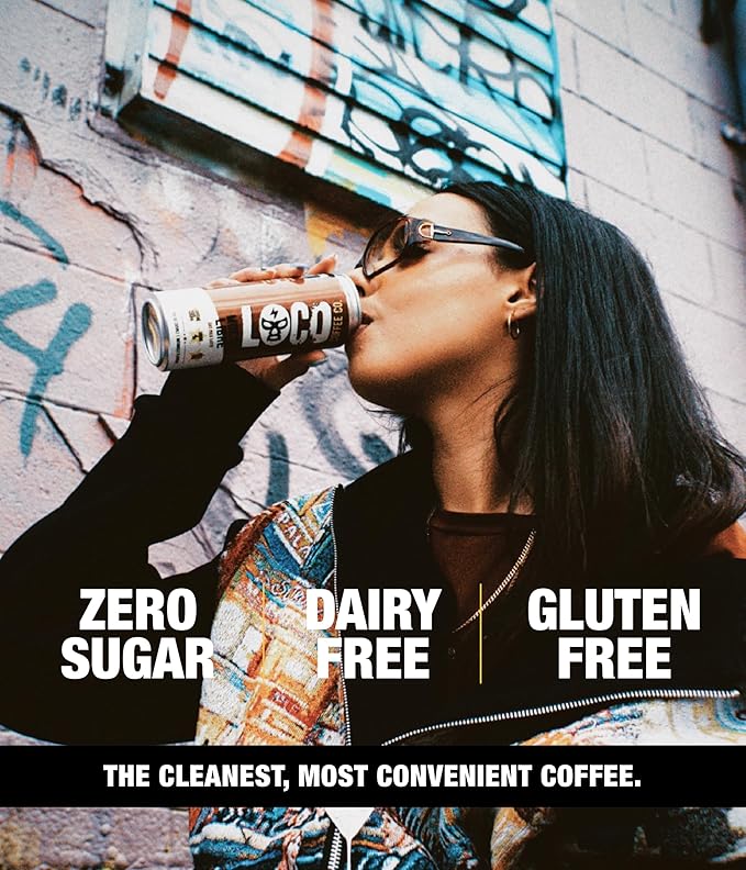 Loco Coffee Mocha Latte 11 Ounce Can 12 Count | Zero Sugar 200mg Caffeine | Gluten Free and Dairy Free | Low Calorie Iced Coffee
