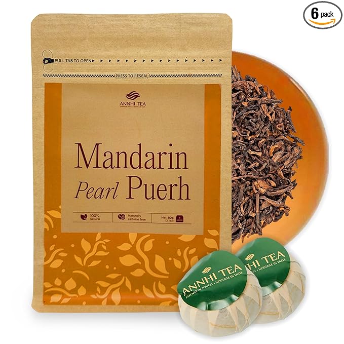 ANNHI TEA Mandarin Pearl Puerh - 6 Whole Dried Citrus Pieces Premium Fermented Puerh Tea with Mandarin Peel Smooth Earthy &amp Sweet Aroma Natural Vietnamese Detox Tea Pack