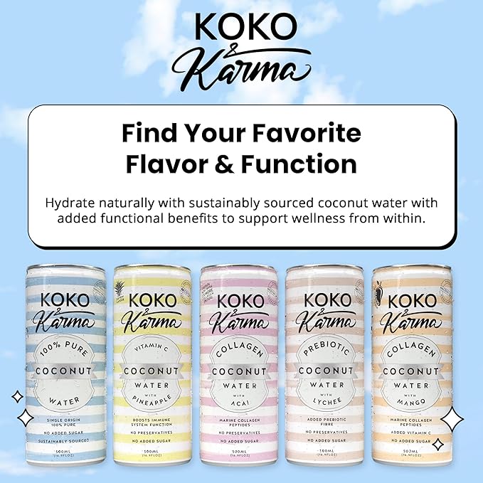 Koko &amp Karma – Pure Coconut Water with Marine Collagen Peptides &amp Mango Refreshing Taste with No Added Sugar or Preservatives – 12 Pack – 16.9 Ounce Cans