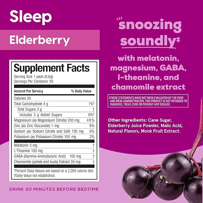 Hydrant - Sleep Electrolyte Powder Elderberry Flavor 30 Rapid Hydration Individual Stick Packs - Sleep Blend of Melatonin L-Theanine Magnesium &amp Chamomile