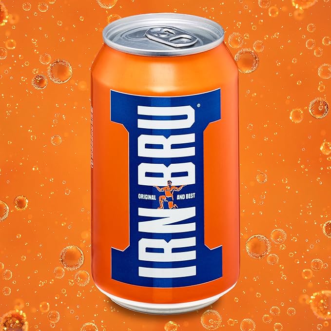 IRN-BRU Original Scottish Sparkling Soda Citrus Flavored Carbonated Drink - Sparkling Flavored Soft Drink 32 Flavor Recipe 11.1 fl oz Cans Pack of 24