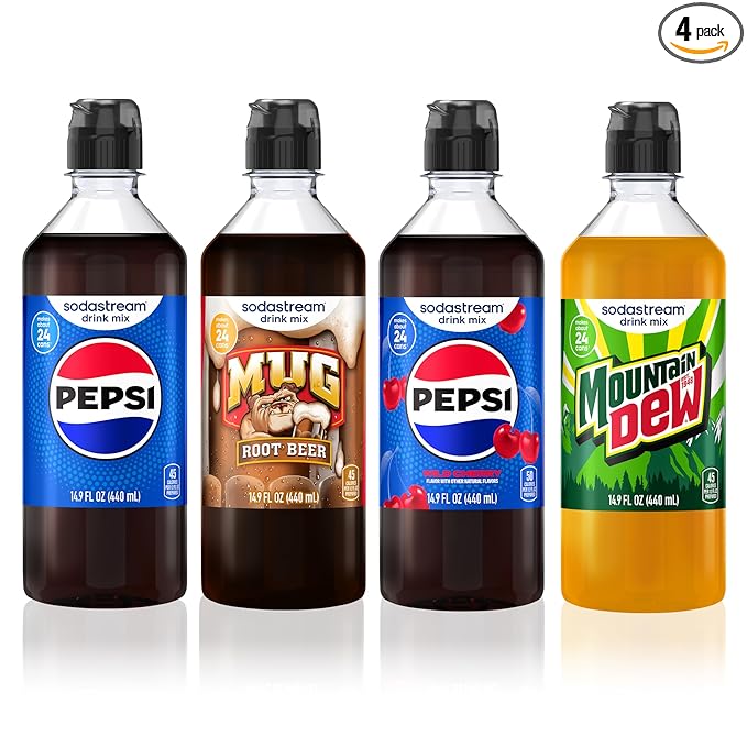 SodaStream Pepsi Mug Root Beer Pepsi Wild Cherry &amp MTN Dew New Pour Bottle Variety Pack 440ml (Pack of 4)