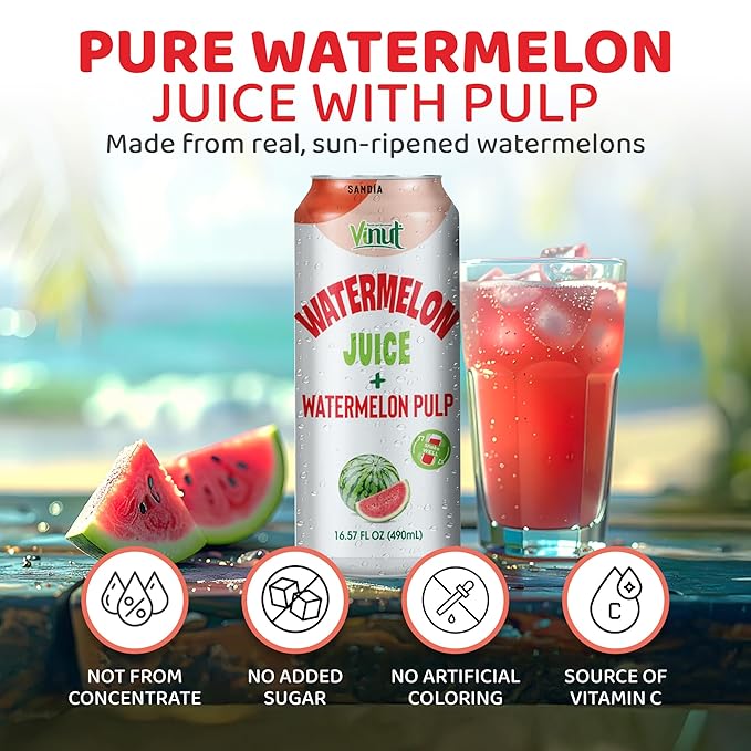 Vinut Natural Watermelon Juice Drink with Pulp (16.57 fl oz Pack of 24) Real Watermelon Juice No Sugar Added Gluten Free GMO-Free
